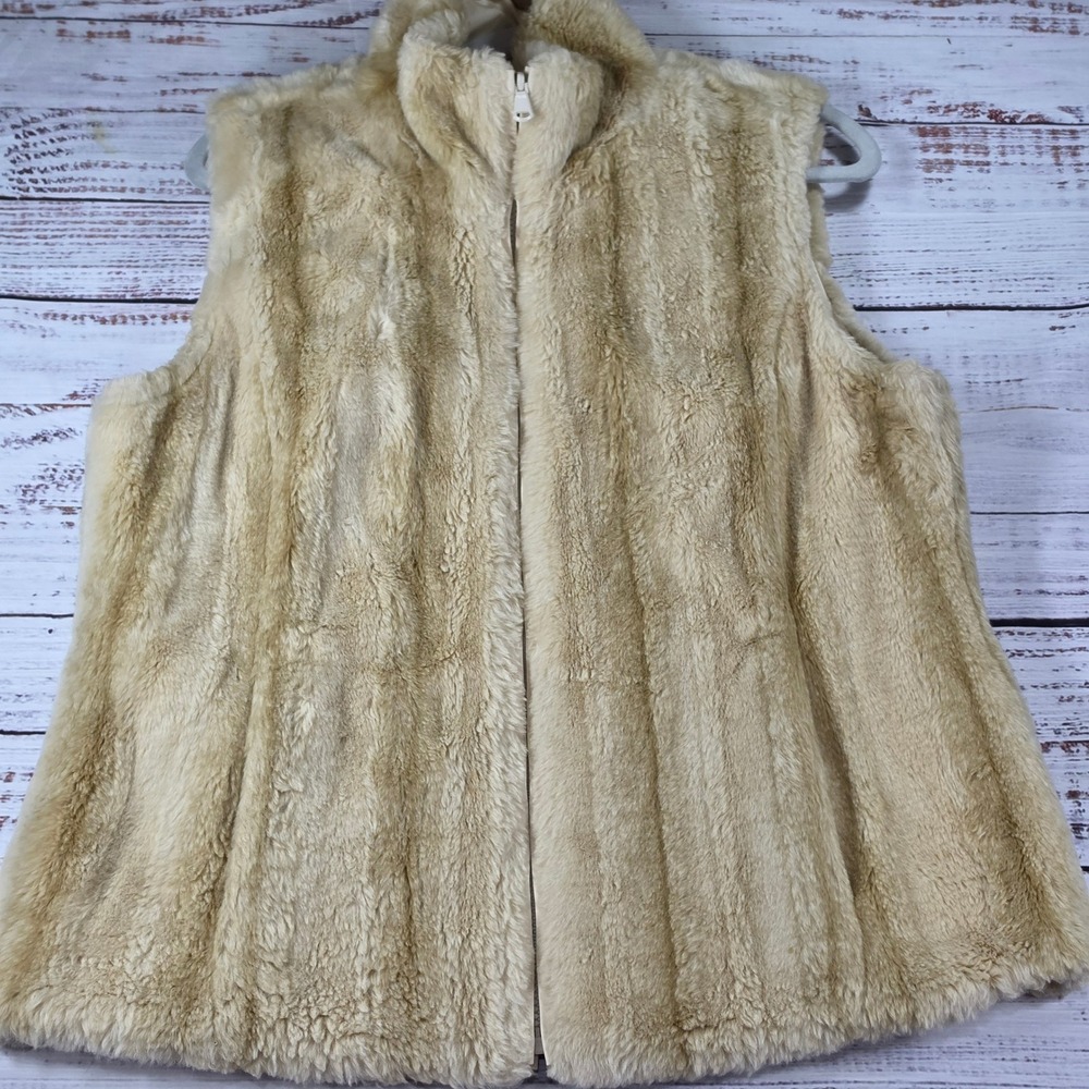 Kristen Blake REVERSIBLE Vest Womens Medium Cream Excellent Faux Fur Zip Up
